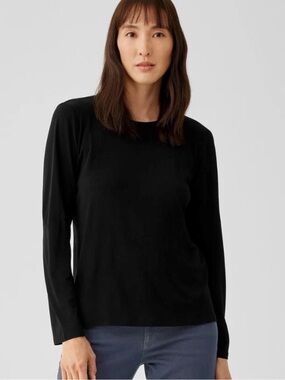 EILEEN FISHER Stretch Silk Jersey Crew Neck Top Black Size Medium